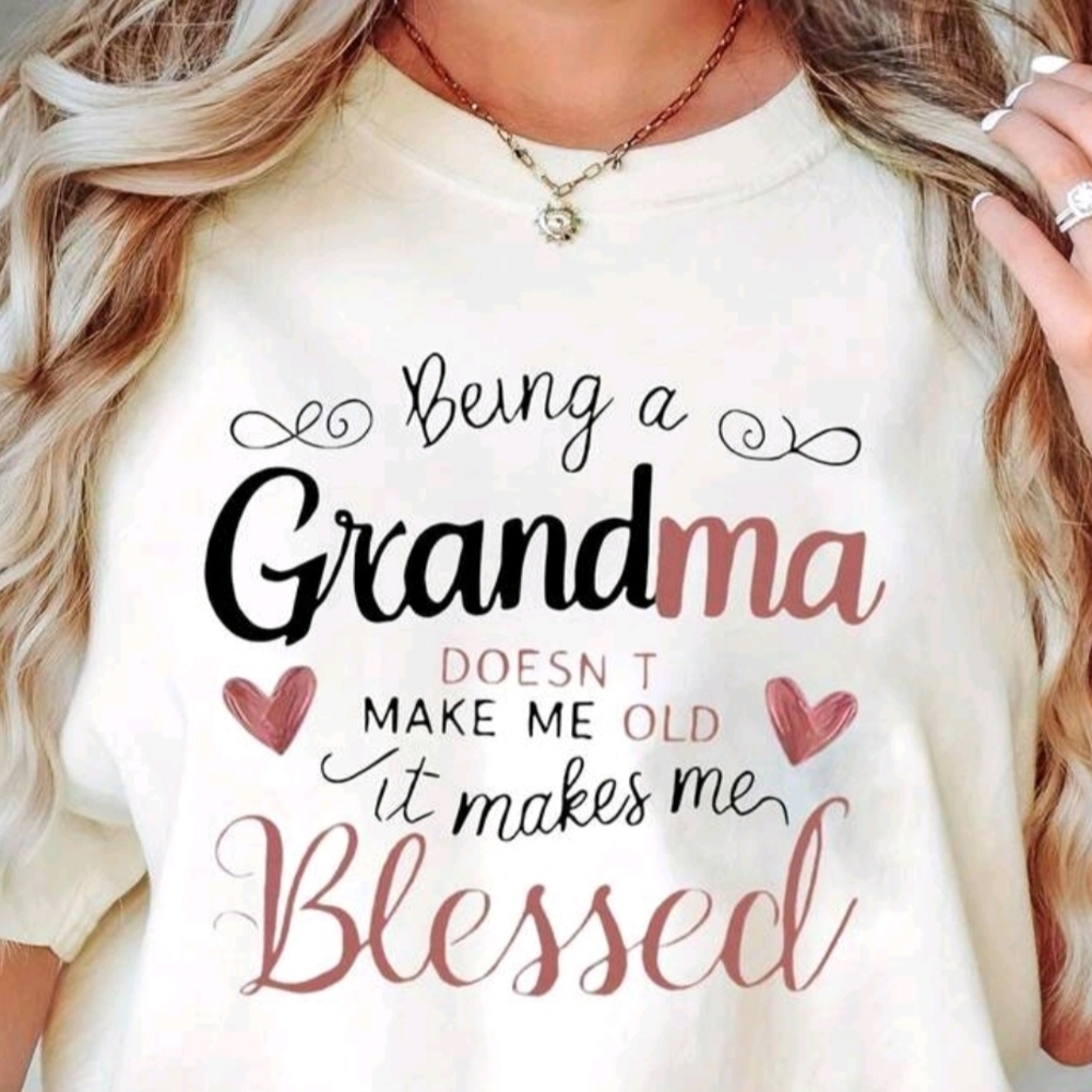Grandma Blessed Graphic Tee — Cream with Blush & Black Text